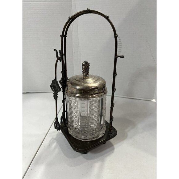 Meridan Silver Plate Co Quadrupleplate Victorian Glass Pickle Castor Jar & Tongs - Picture 12 of 12